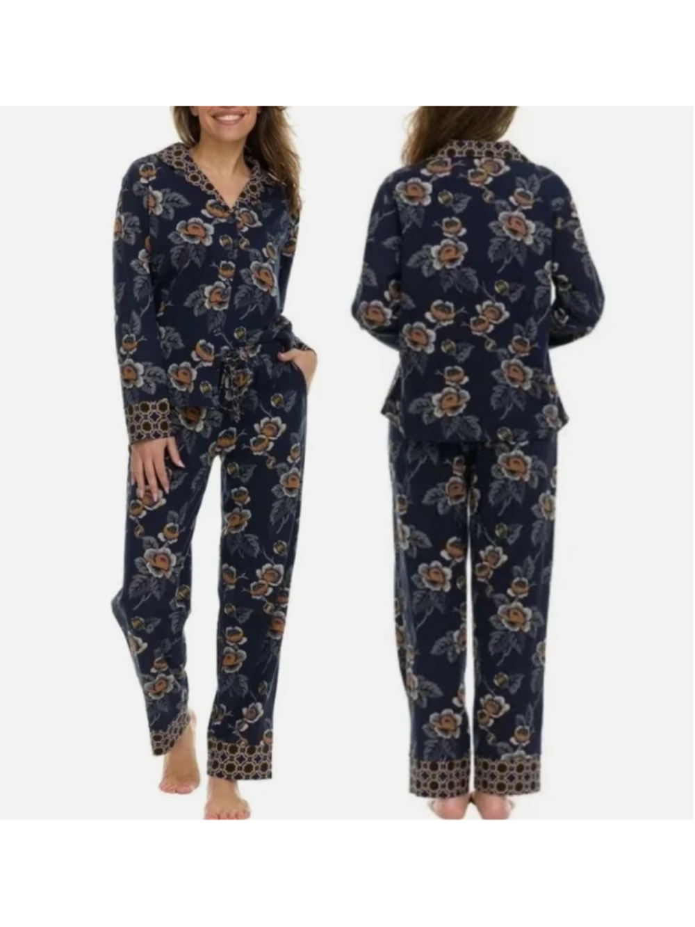 Vera Bradley Navy Yellow Floral Pajama Set Size Medium 100% Cotton
